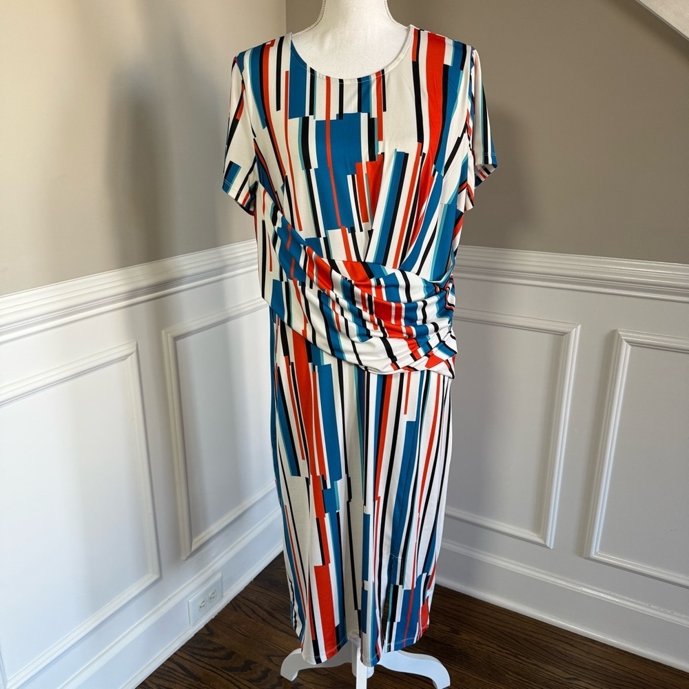 Eloquii Multicolor Striped Gathered Waist Short Sleeve MIDI Dress Size 14
